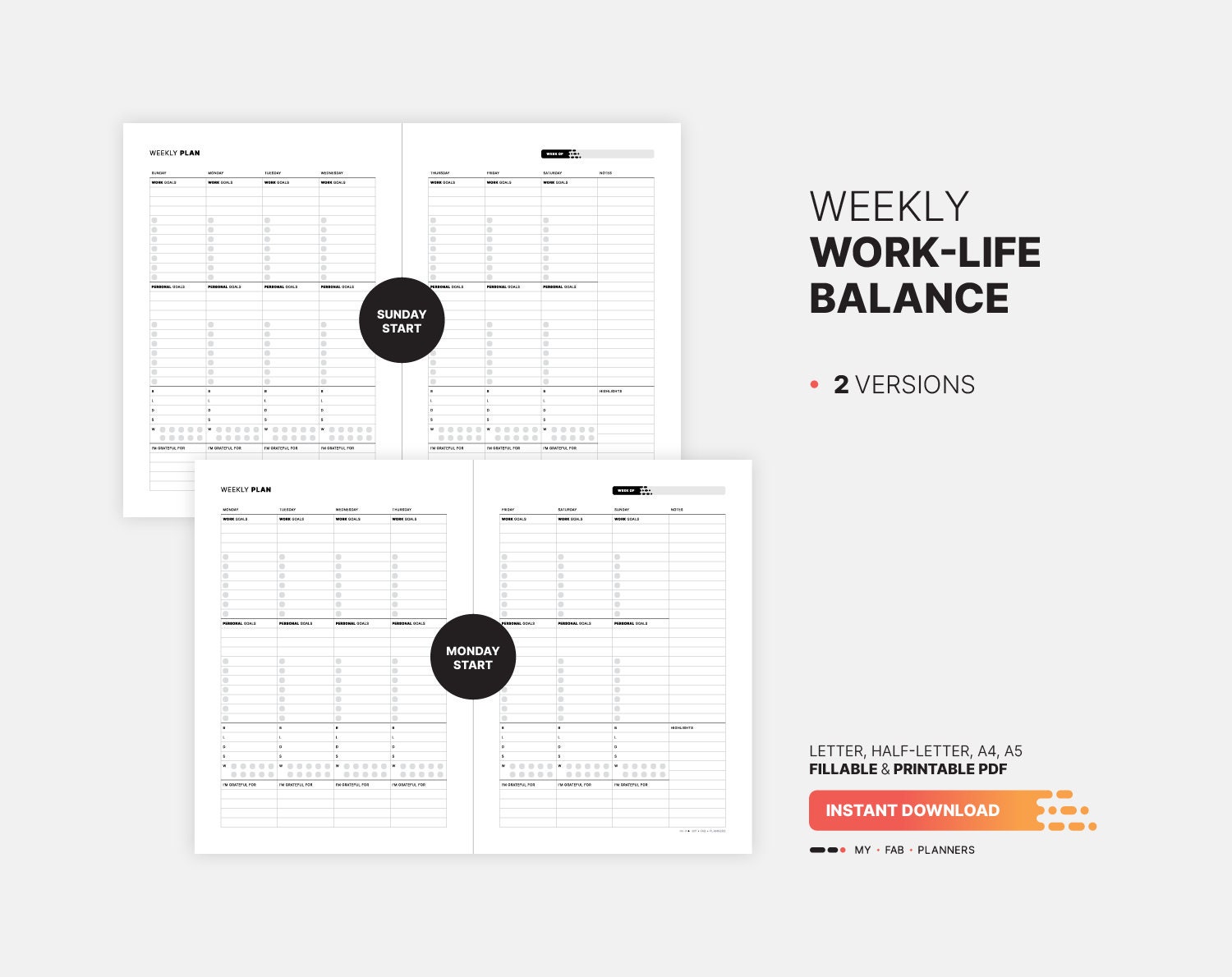 Weekly Work-life Balance Planner Fillable Goal Mapping - Etsy