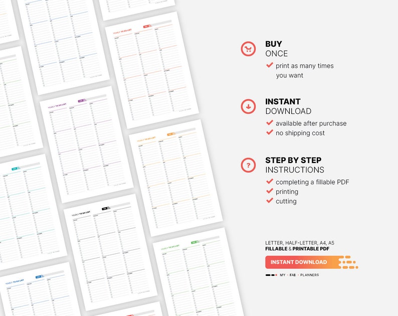 ✔ Buy once and print as many times you want.
✔ Instant download available after purchase and no shipping costs.
✔ Step by step instructions for completing a fillable PDF, printing and cutting My Fab Planners inserts.