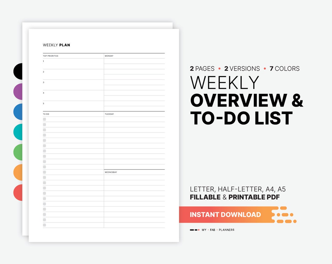 Weekly Task Overview Weekly Overview Planner, Fillable Task Checklist (PDF) - Etsy