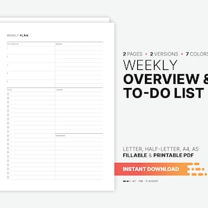 May include: Printable weekly planner with a to-do list and space for top priorities. The planner is available in 7 colors and comes in letter, half-letter, A4, and A5 sizes.  It is a fillable and printable PDF.