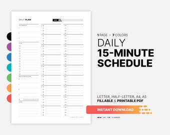 Daily 15-Minute Schedule, Printable Work Chart Planner, Fillable Productivity Timesheet, Pomodoro Time Block Management, Simple PDF Template
