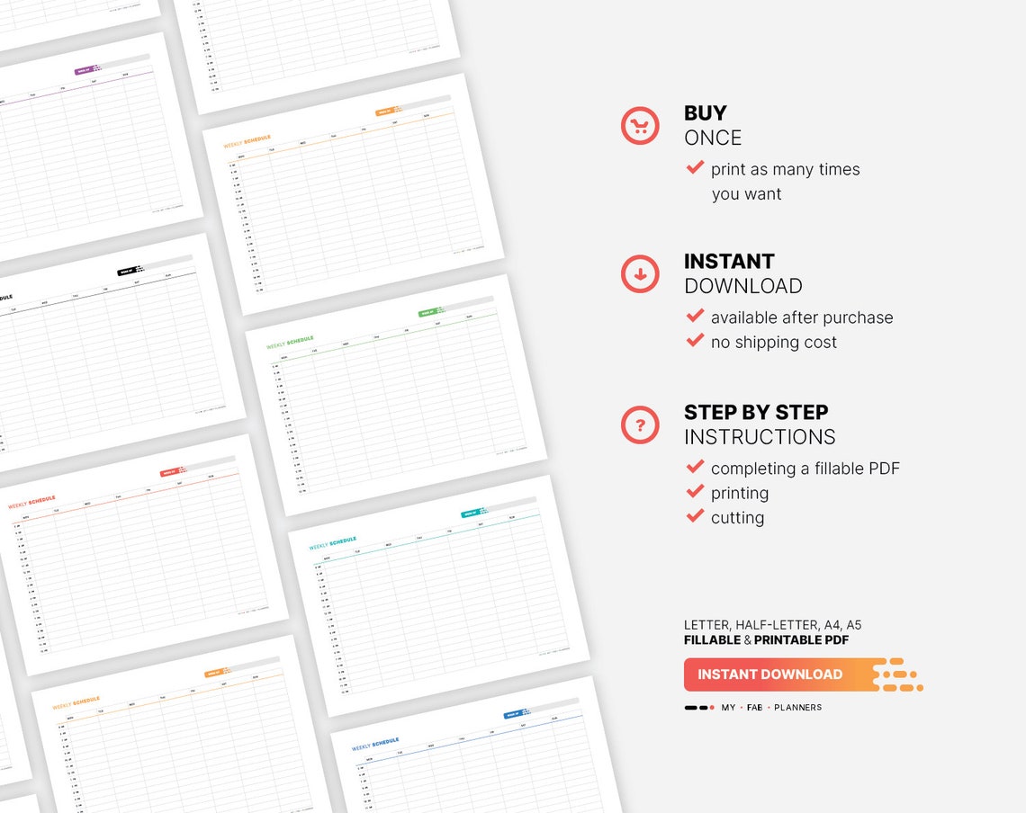 Weekly Schedule Planner, Printable Digital Task Chart at a Glance