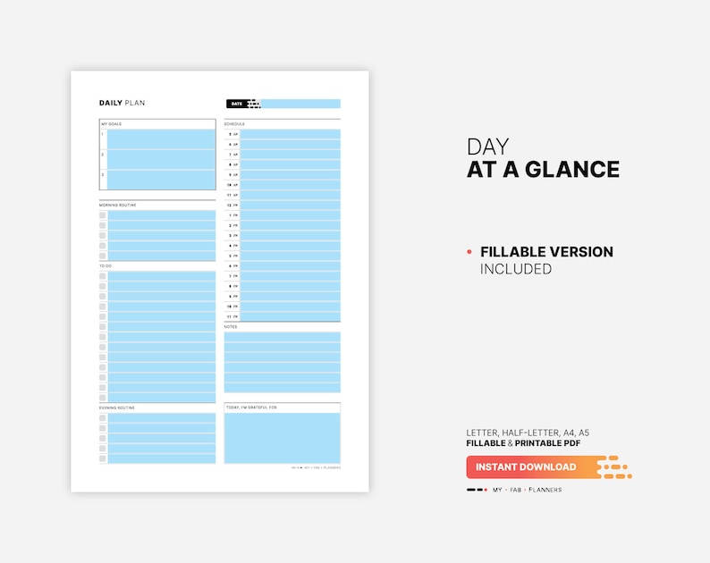 Day at a Glance, Printable Productivity Planner, Fillable Daily Goal ...