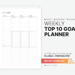 Planejador semanal de 10 metas e lista de tarefas, mapeamento de metas preenchível, rastreador de configuração e tarefas, carta para impressão, meio tamanho, A4, modelo PDF A5