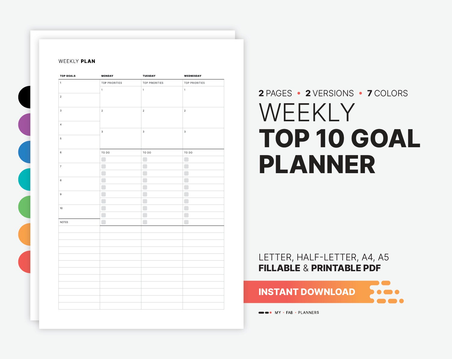 Weekly Top 10 Goal Planner & To-Do List, Fillable Goal Mapping, Settting and Task Tracker, Printable Letter, Half Size, A4, A5 PDF Template