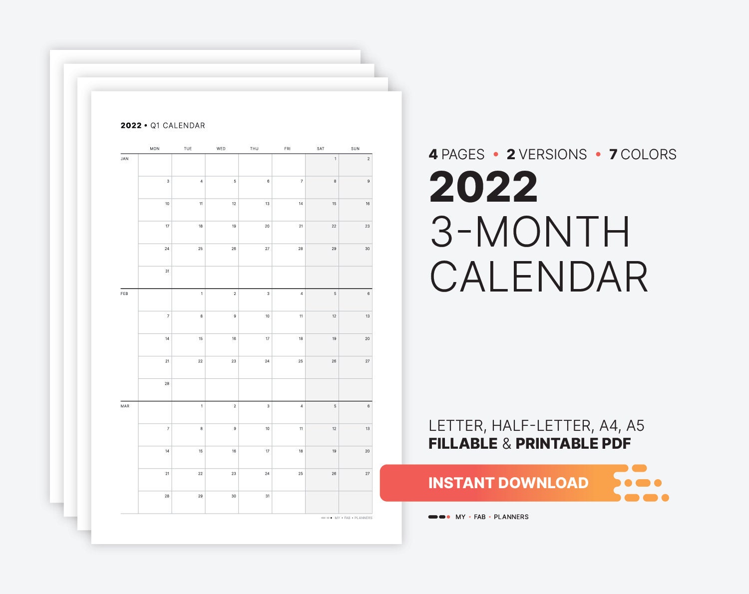 2022 3 month calendar quarterly fillable planner template etsy