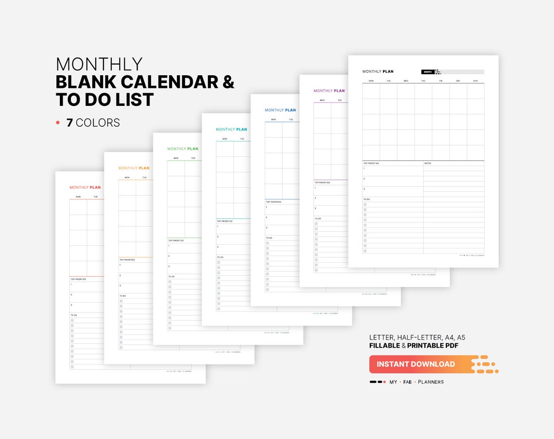 Blank Monthly Calendar & to Do List, Undated Month At-a-glance Planner ...
