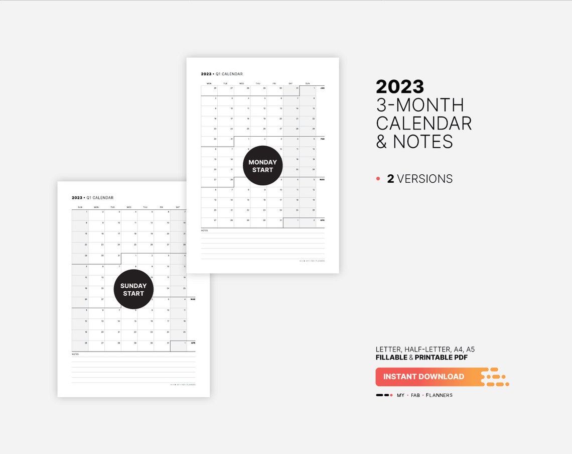 2023 3month Calendar Notes Printable Ataglance Quarterly Etsy