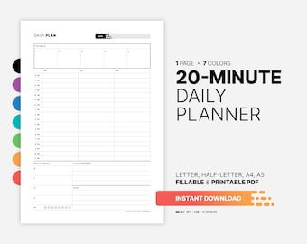 20-Minute Daily Planner, Printable Work Schedule Chart, Fillable Pomodoro Productivity Timesheet, Time Block Management, Simple PDF Template