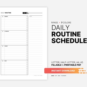 Daily Routine Schedule, Printable Morning, Night Chore Chart, Fillable Time Management, Digital Productivity To Do List Planner, Letter, Half-letter, A4, A5 PDF Template