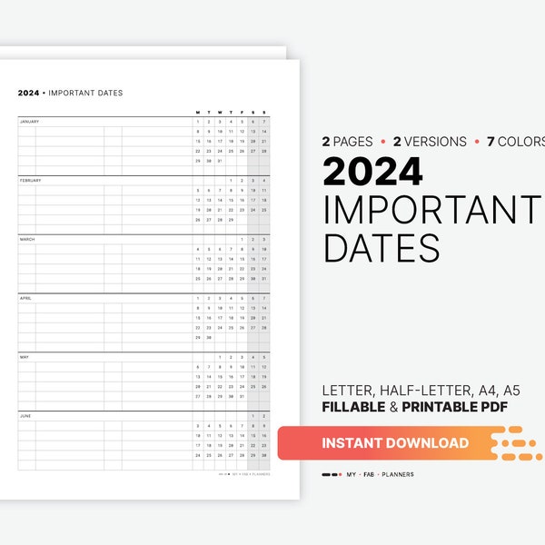 2024 Important Dates Calendar, Printable Birthday & Yearly Life Events Reminder, Year Days to Remember Planner, Fillable Letter, A4, A5 PDF
