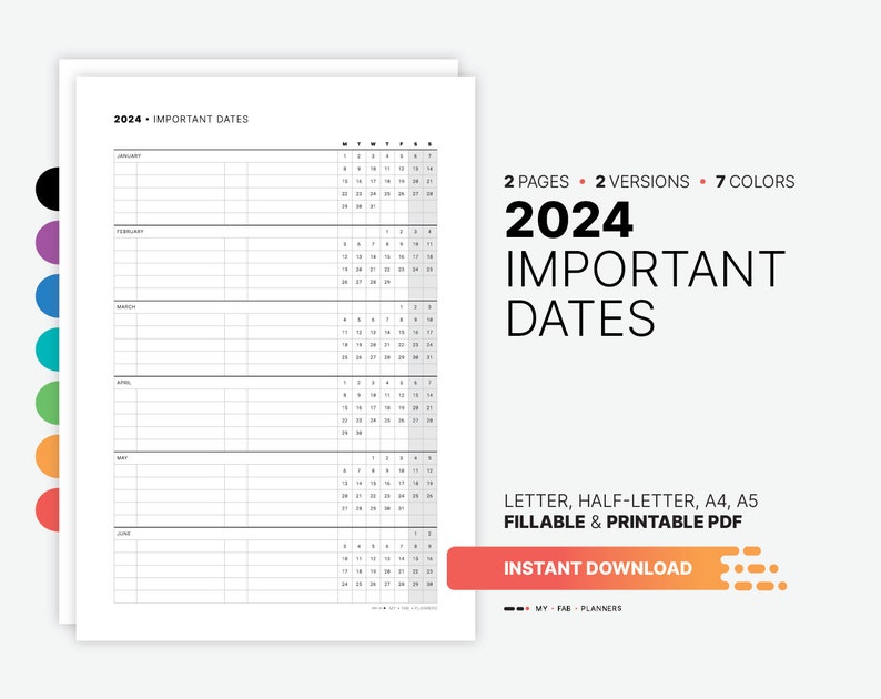 2024 Important Dates Calendar, Printable Birthday & Yearly Life Events