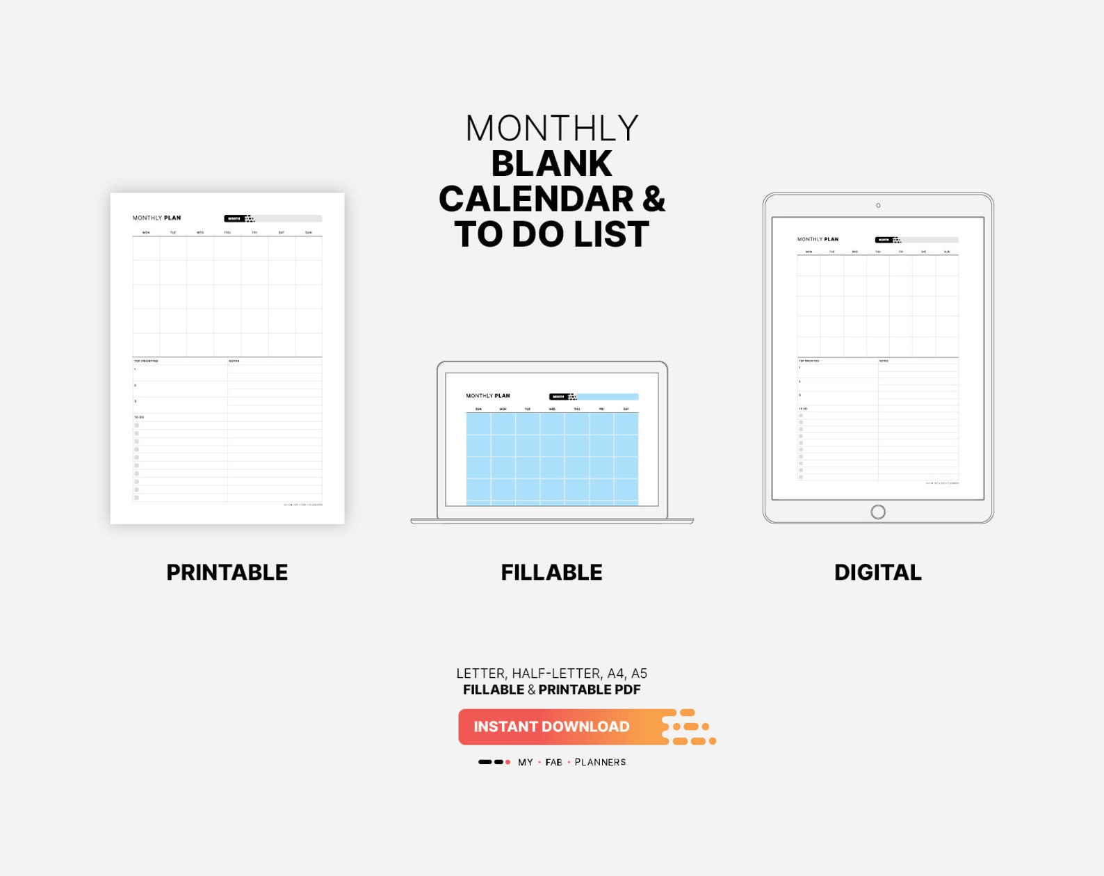 Blank Monthly Calendar To Do List Undated Month At a glance Etsy