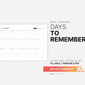 Days to Remember Board, Important Dates Fillable Yearly Planner, Birthday Date Calendar Reminder, Printable Letter, HL, A4, A5 PDF Template