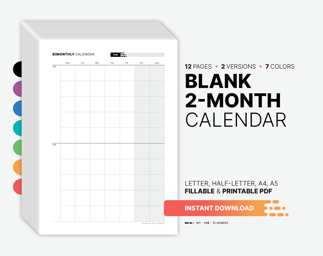 Blank 2-month Calendar, Printable Undated Monthly Productivity Planner ...