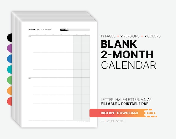 Blank 2-month Calendar Printable Undated Monthly Productivity - Etsy