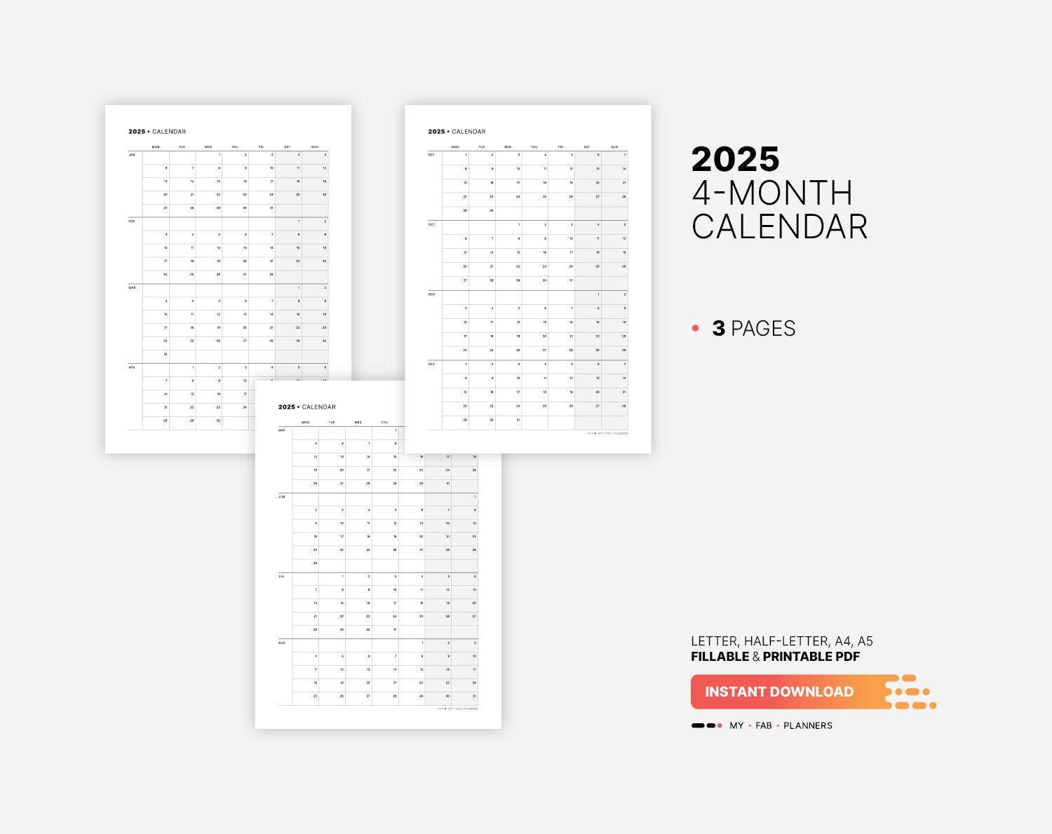 2025 4month Calendar, Fillable Dream Life & Work Productivity Goals, Printable Small Business