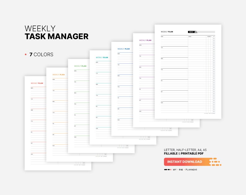 7 Color Variations Included: red, orange, green, teal, blue, purple, black for Weekly Task Manager Planner, Productivity To Do List Journal, Fillable Daily Work Checklist Tracker Template, Printable Haf-letter, Letter, A4, A5 PDF