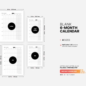 Blank 6-month Calendar, Yearly Semester Wall Calendar, Fillable Year ...