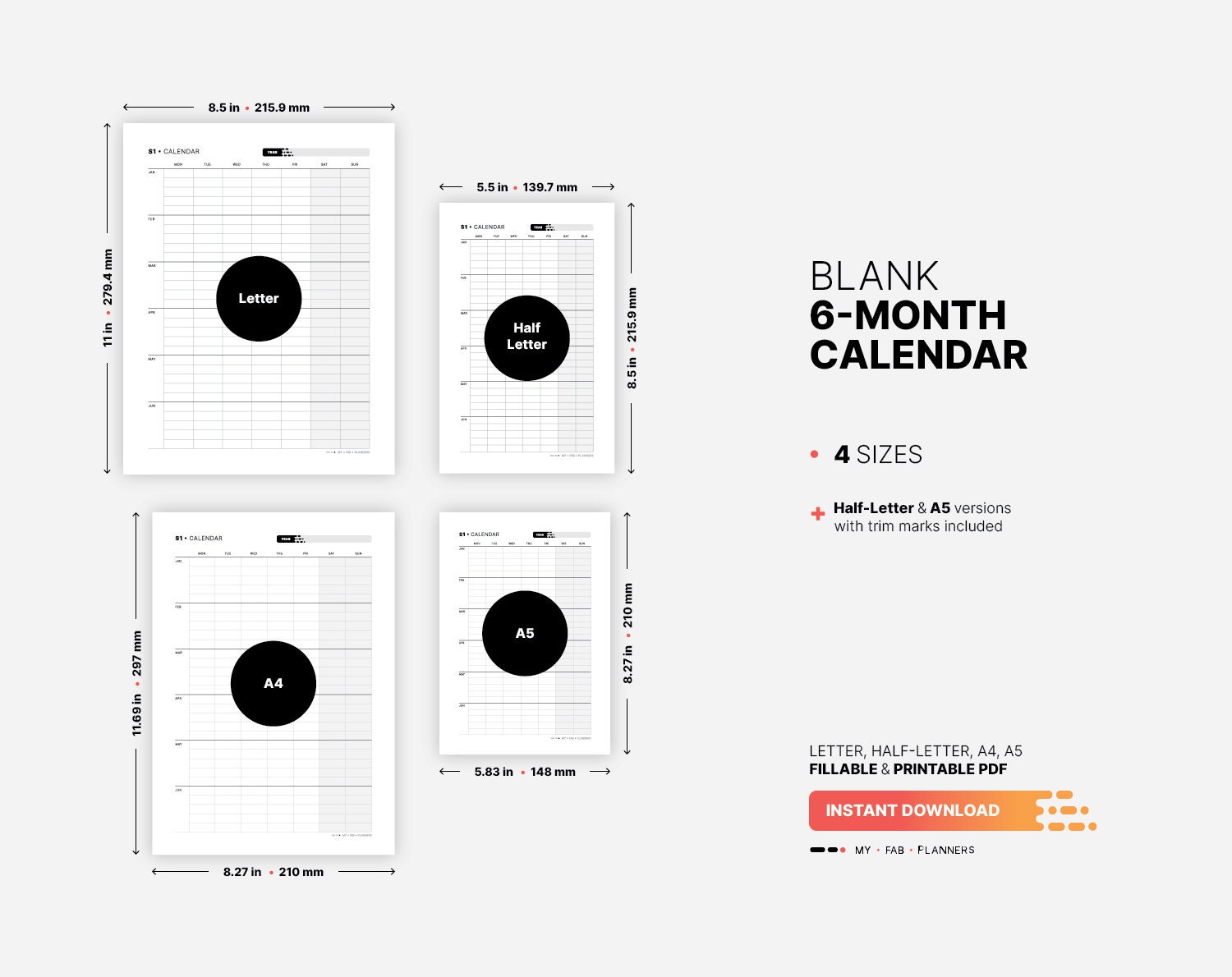 Blank 6-month Calendar, Yearly Semester Wall Calendar, Fillable Year ...