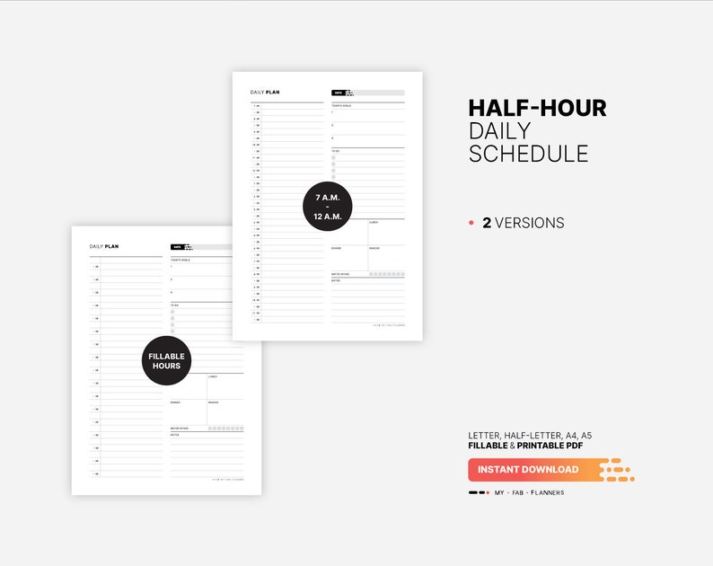 Half Hour Daily Schedule Planner Sheet, Fillable 30 Minute Time Block ...