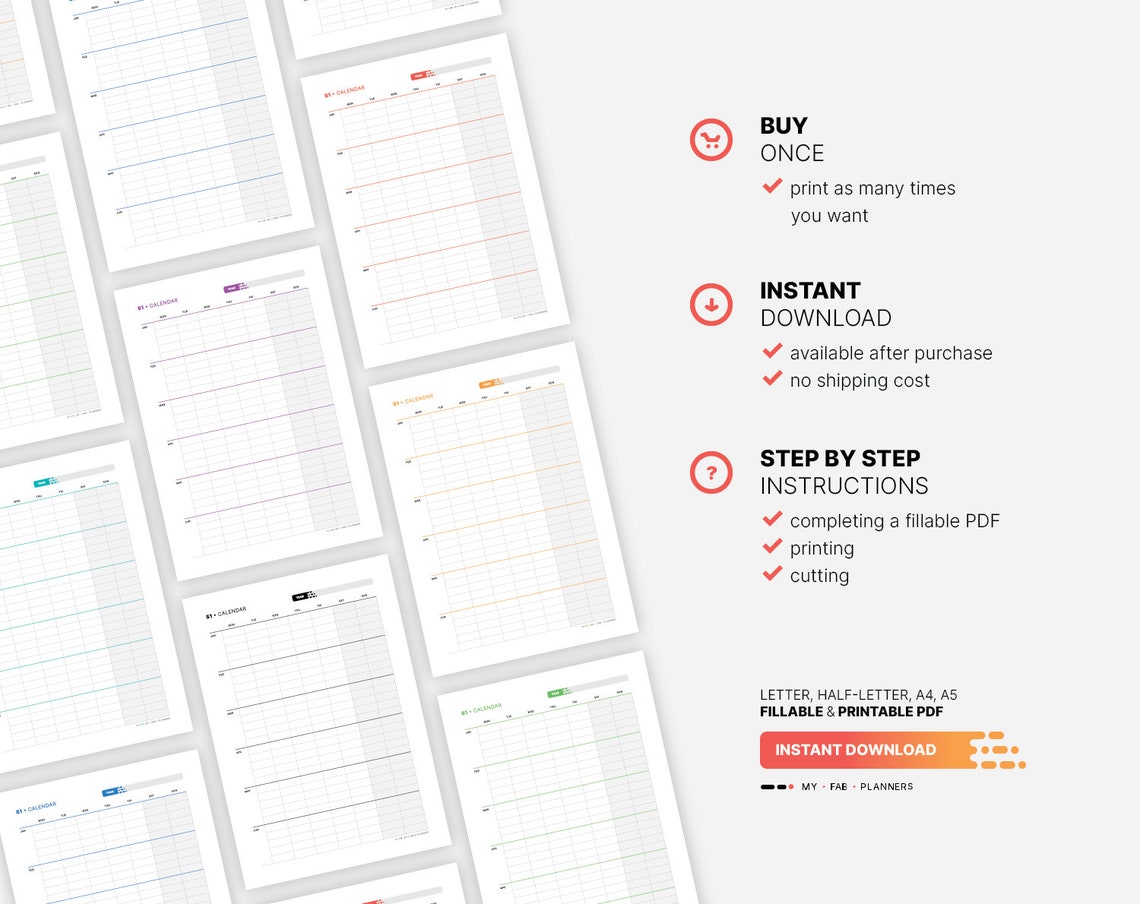 Blank 6month Calendar, Yearly Semester Wall Calendar, Fillable Year