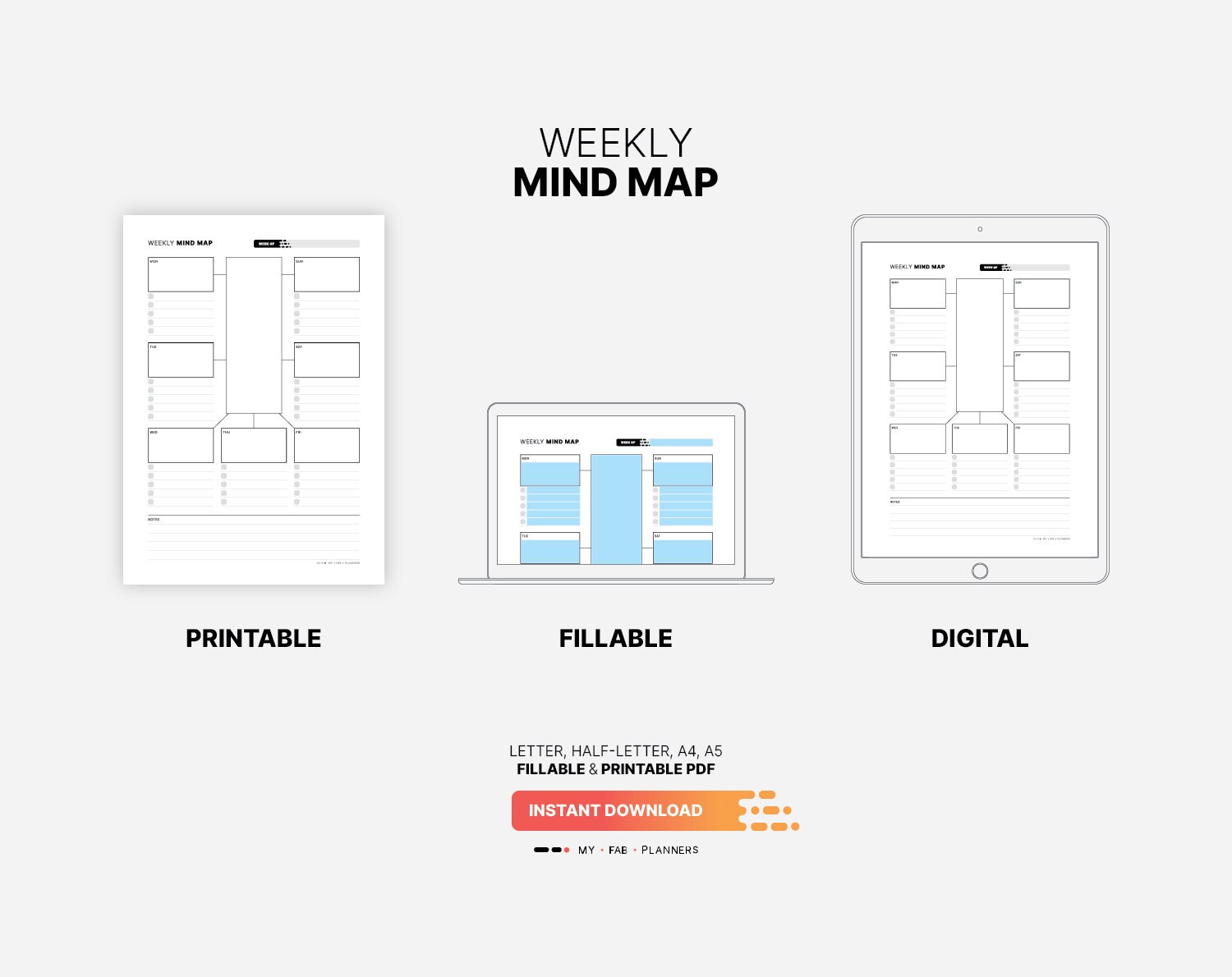 Weekly Mind Map Planner, Fillable PDF Template (letter, A4, A5) - Etsy ...