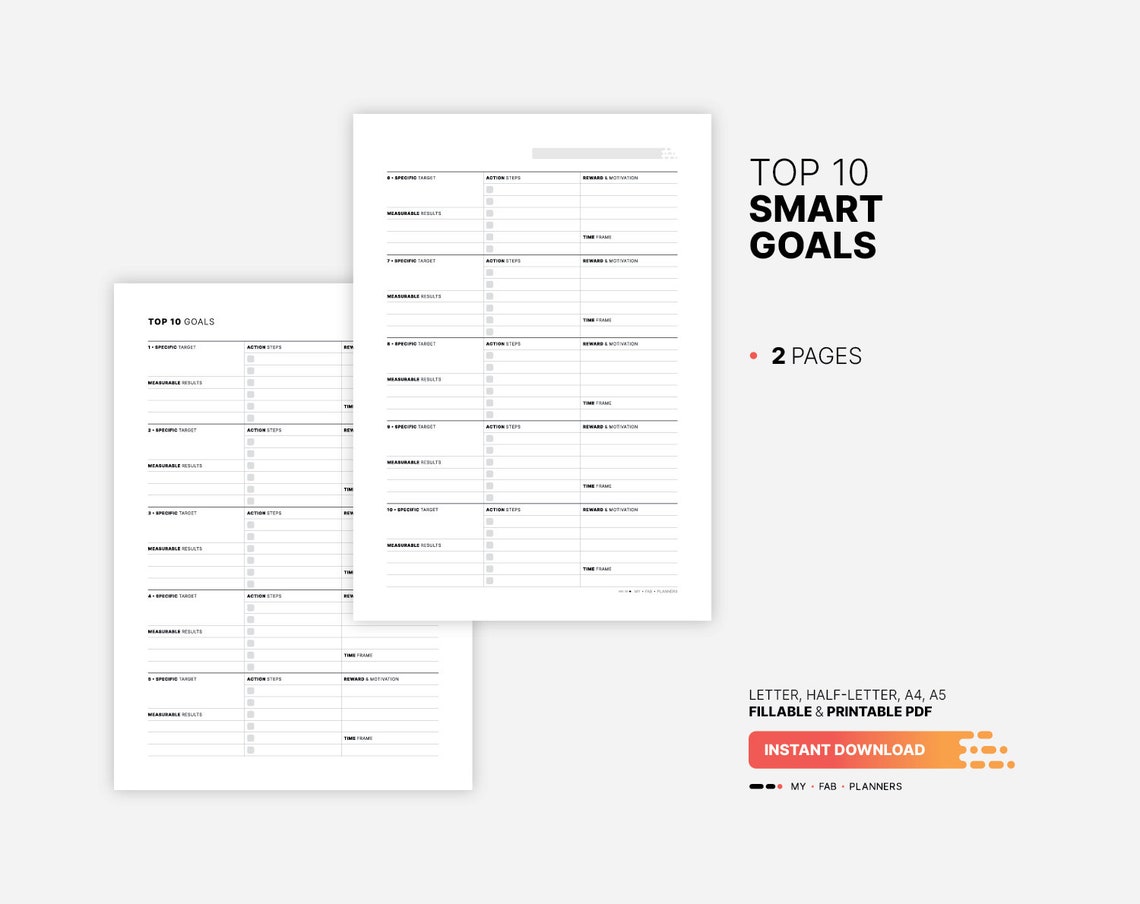 Top 10 SMART Goals With Action Plan, Goal List & Setting Printable Worksheet, Journal, Board
