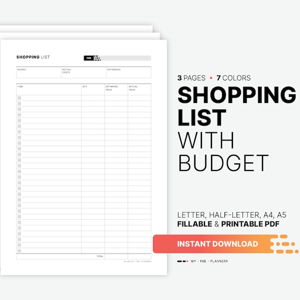 Shopping List with Budget, Printable Personal Finance Planner Sheet, Fillable Grocery, Food, Holiday Price List Tracker, Simple PDF Template