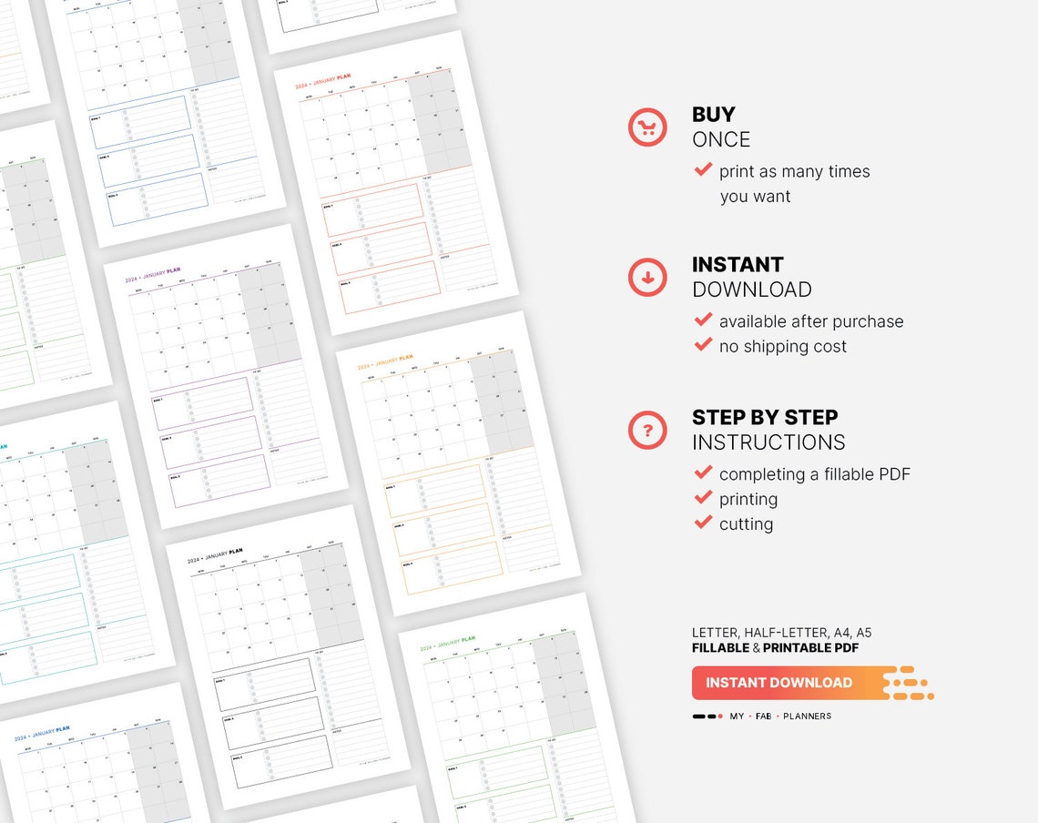 2024 Monthly Planner & Goals Template Fillable Goal Setting Etsy