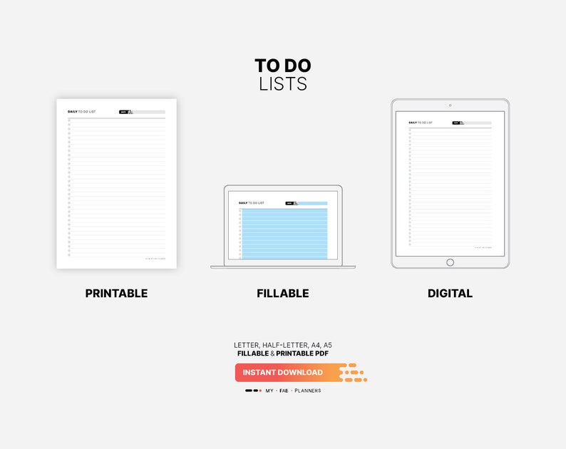 Printable, Fillable, Digital Download for Things To Do List Template, Printable Daily, Weekly, Monthly, Quarterly, Yearly Task Management, Fillable Checklist Tracker, Simple Letter, Half-Letter, A4, A5 PDF Plan