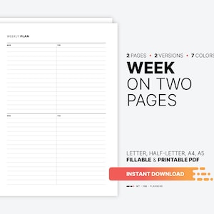 Week on Two Pages Overview, Undated Fillable Weekly Routine Chart, Printable Week at a Glance ...