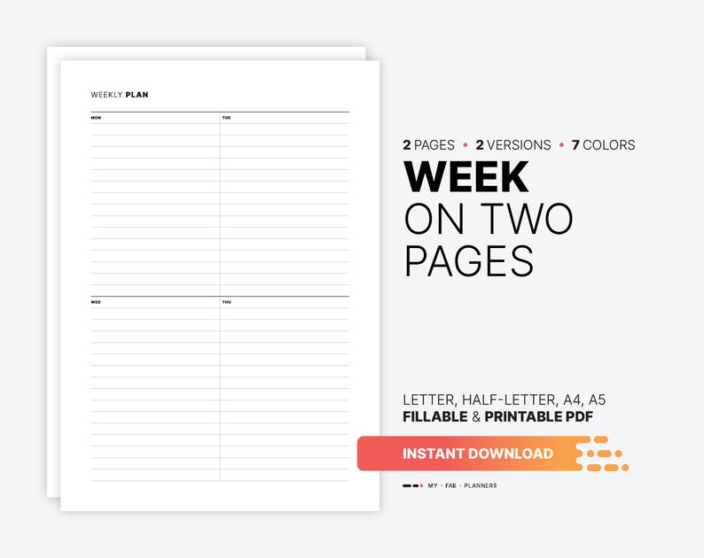 Week on Two Pages Overview, Undated Fillable Weekly Routine Chart, Printable Week at a Glance ...