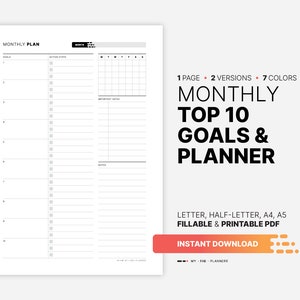 Lista y planificador de los 10 objetivos principales del mes, mapeo de objetivos, establecimiento, revisión, plan de acción rellenable, plantilla PDF imprimible en formato carta, A4 y A5