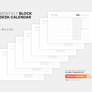 Monthly Block Desk Calendar, Fillable Blank Blocks Planner, Month at a ...