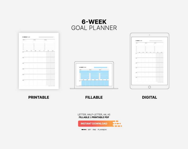 Printable, Fillable, Digital Download for 6-Week Goal Planner, Fillable Work & Productivity Tracker Calendar, Organization Dashboard, Printable Letter, Half-size, A4, A5 PDF Template