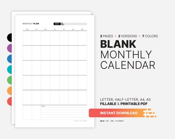 Blank Monthly Calendar, Undated Month at a Glance Planner, Fillable Blocks  Organization Wall Template, Printable 8.5x11, 5.5x8.5, A4, A5 PDF - Etsy