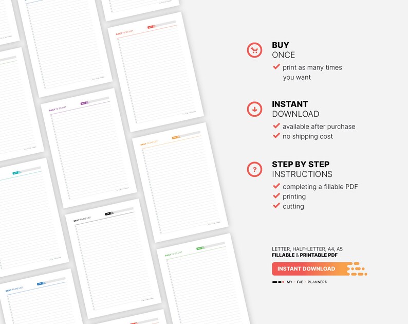 ✔ Buy once and print as many times you want.
✔ Instant download available after purchase and no shipping costs.
✔ Step by step instructions for completing a fillable PDF, printing and cutting My Fab Planners inserts.
