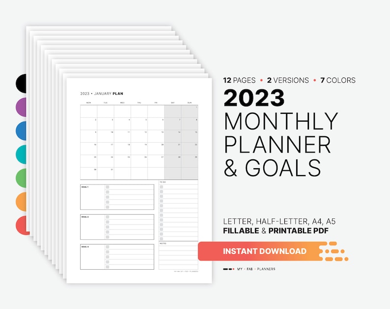 2023 Monthly Planner & Goals Template Fillable Goal Setting Etsy