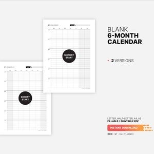 Blank 6-month Calendar, Yearly Semester Wall Calendar, Fillable Year ...