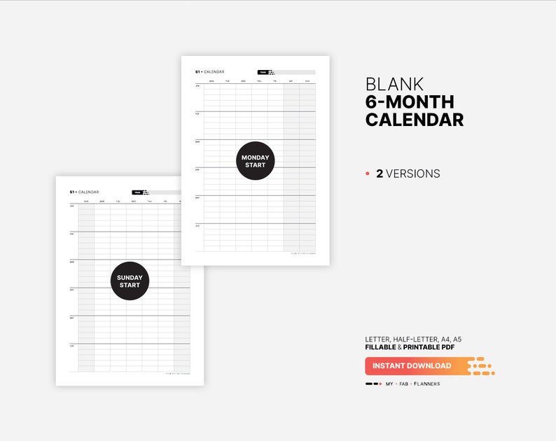 Blank 6-month Calendar, Yearly Semester Wall Calendar, Fillable Year ...