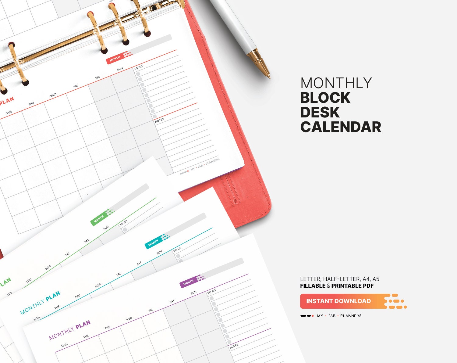 Monthly Block Desk Calendar, Fillable Blank Blocks Planner, Month at a ...