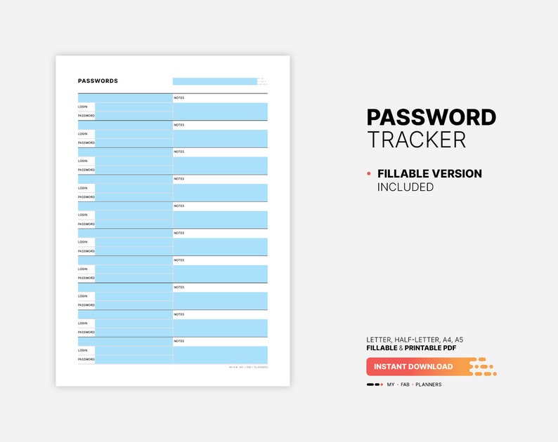 Fillable Password Tracker Printable, A4 A5 Letter Sizes (PDF Template ...