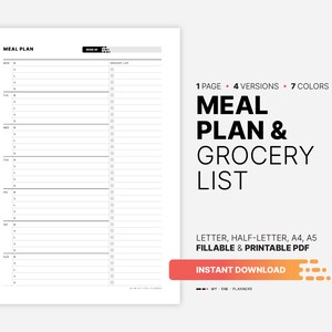 Weekly Meal Plan, Fillable Grocery List, A4 A5 Letter PDF (Printable)