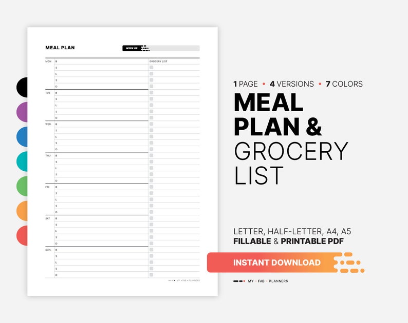 Weekly Meal Plan & Grocery List Planner, Fillable Meal Idea Tracker, Grocery Checklist, Printable Letter, Half-letter, A4, A5 PDF Template