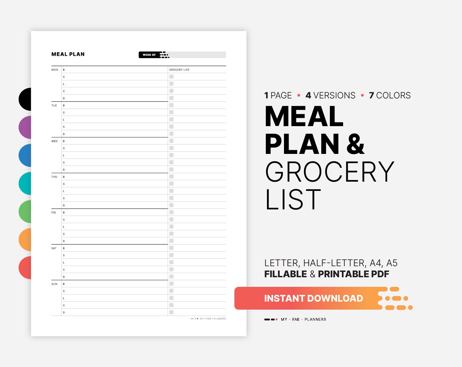Weekly Meal Plan, Fillable Grocery List, A4 A5 Letter PDF (printable ...