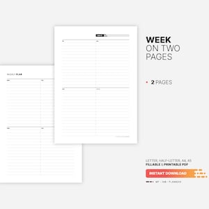 Week on Two Pages Overview, Undated Fillable Weekly Routine Chart, Printable Week at a Glance ...