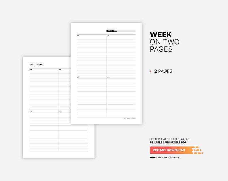 Week on Two Pages Overview, Undated Fillable Weekly Routine Chart, Printable Week at a Glance ...