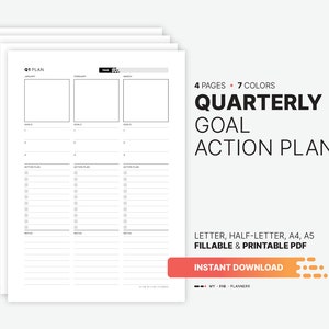 Quarterly Goal Action Plan, Year in Review Planner Template, Yearly Fillable Goals List Planning, Printable 8.5x11, 5.5x8.5, A4, A5 PDF