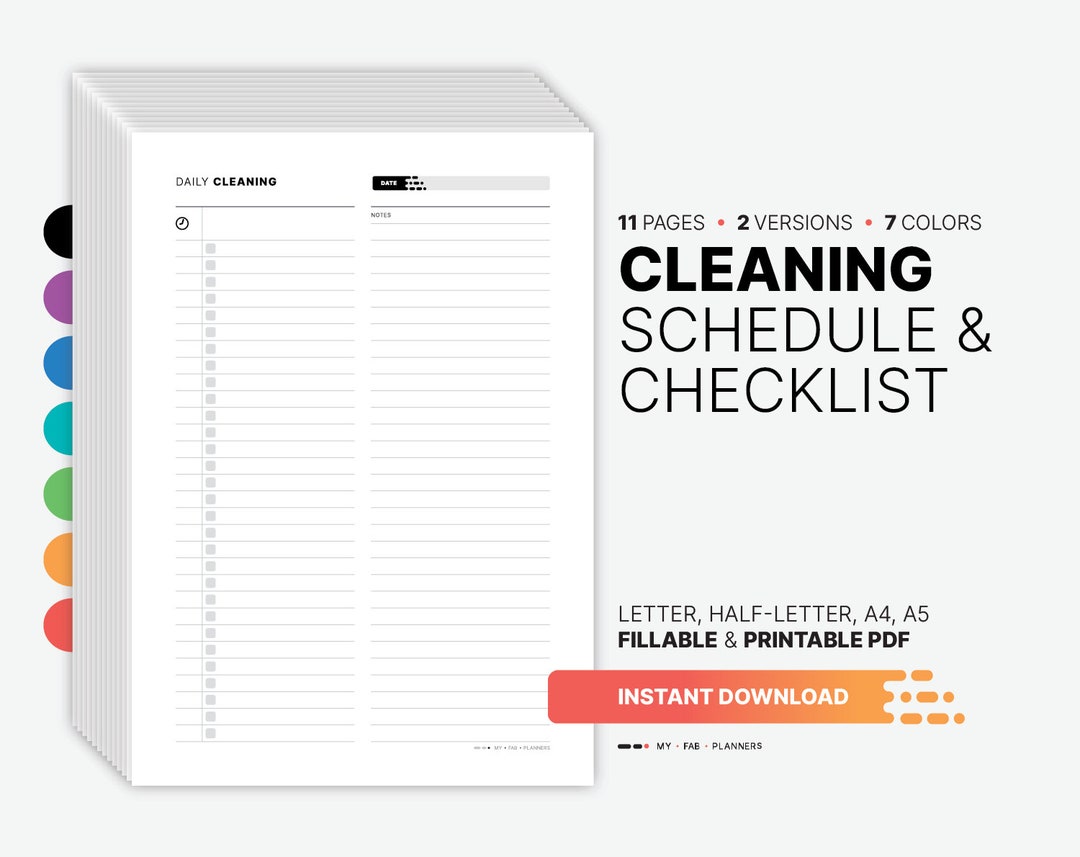 Printable Cleaning Schedule, Daily & Weekly Chore Chart (fillable PDF ...